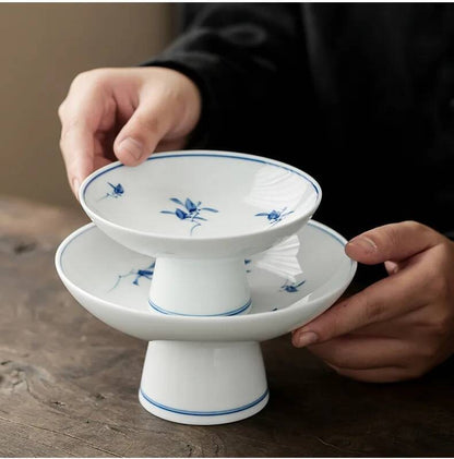 Pure Hand-painted Butterfly Orchid Fruit Plate, Dehua White Porcelain Tea Snack Living Room Table, High Footed Fruit Snack Plate
