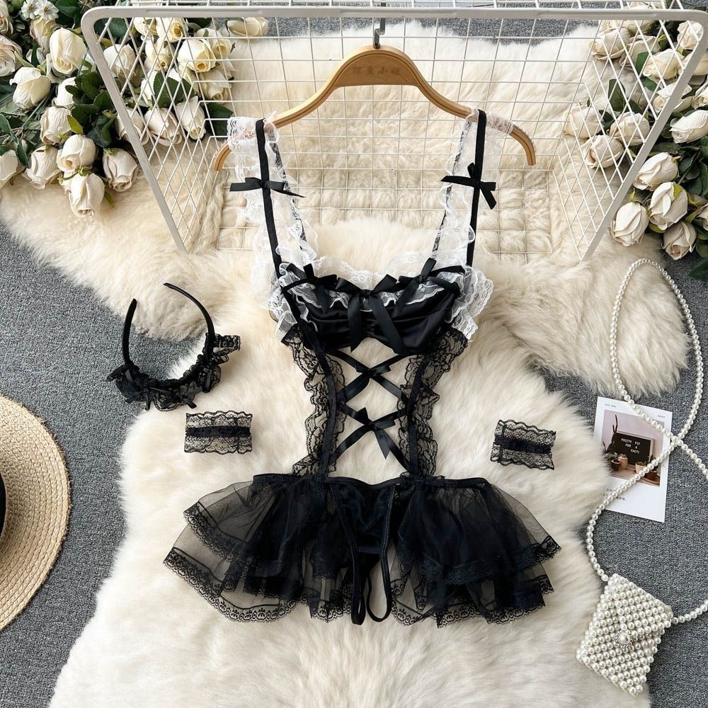 Bunny Complete Maid Cosplay Costume Set Ruffle Cosplay Vacation Halloween Outfit Halter Dress Set Outfit Costume Play Occasions