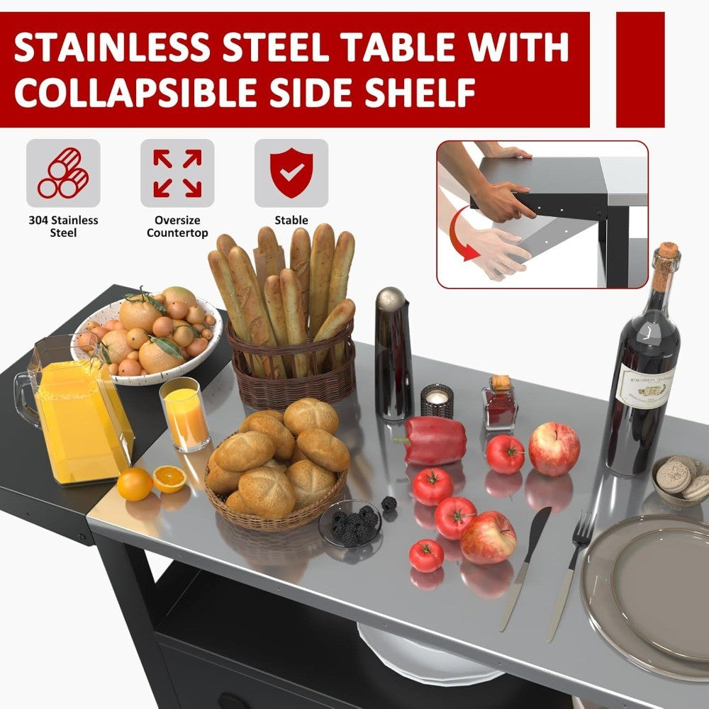 xl outdoor grill cart with wheels, weatherproof outdoor kitchen outdoor bar cart mobile bbq with foldable stainless steel top &