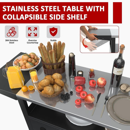 xl outdoor grill cart with wheels, weatherproof outdoor kitchen outdoor bar cart mobile bbq with foldable stainless steel top &