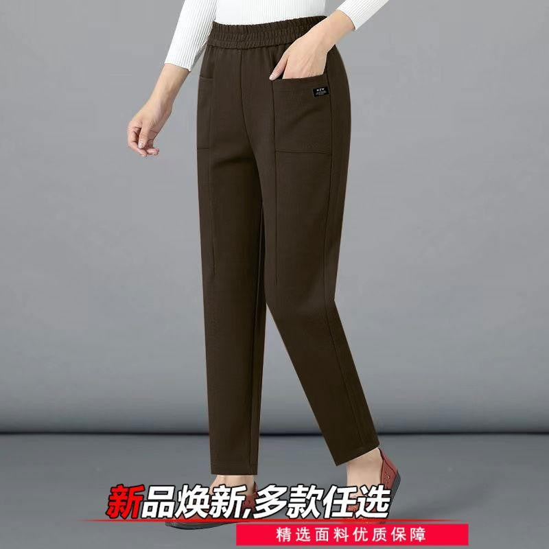 High Waist Straight Leg Pants Women's Fleece Lined Elastic Casual Mom Pants Spring Autumn Winter Polyester Fiber Harlan Pants