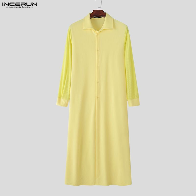 INCERUN Men Long Style Shirt Solid Color Lapel Long Sleeve Button Men Clothing Streetwear 2025 Loose Fashion Casual Camisas Tops
