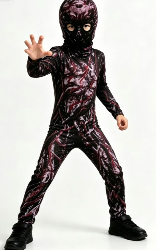 Kids Terrifying Texture Print Full Body Jumpsuit With Hood Long Sleeve Tight Outfit For Dark Thriller Themed Party Costume