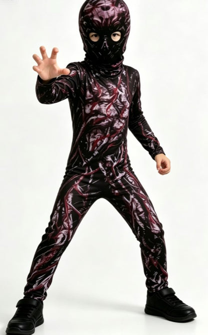 Kids Terrifying Texture Print Full Body Jumpsuit With Hood Long Sleeve Tight Outfit For Dark Thriller Themed Party Costume