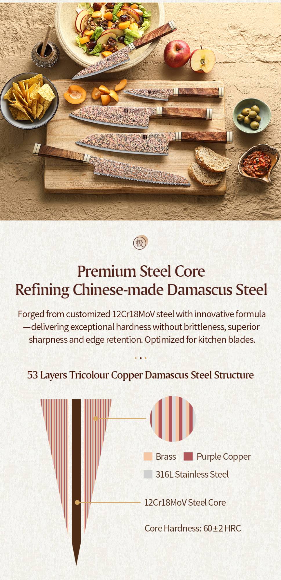 XINZUO Conjunto de 1-5 Peças de Facas para Legumes, Multiuso, Santoku, Chef, Bunka, Aço Damasco de Cobre Tricolor com 53 Camadas, Núcleo 12Cr18MoV, Dureza 60±2 HRC, com Caixa de Acácia