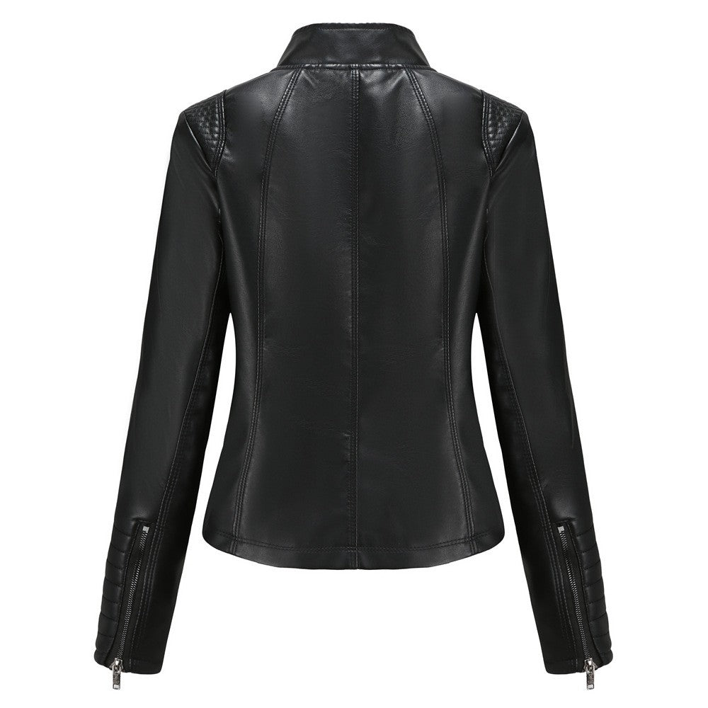 Women's Slim Leather Jacket, Stand-up Collar, Zipper Stitching, Monochromatic Coat, Fashion Clothing, New