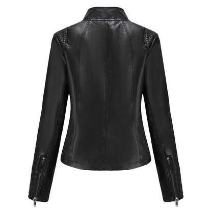 Women's Slim Leather Jacket, Stand-up Collar, Zipper Stitching, Monochromatic Coat, Fashion Clothing, New