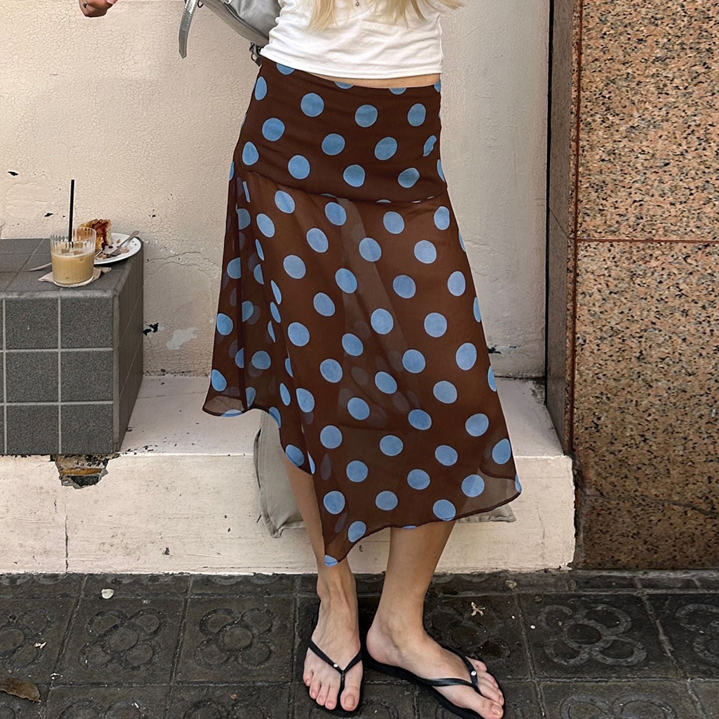 BIIKPIIK Casual Women Polka Dot Skirts Lettuce Trim Beige Elegant Midi Skirts St
