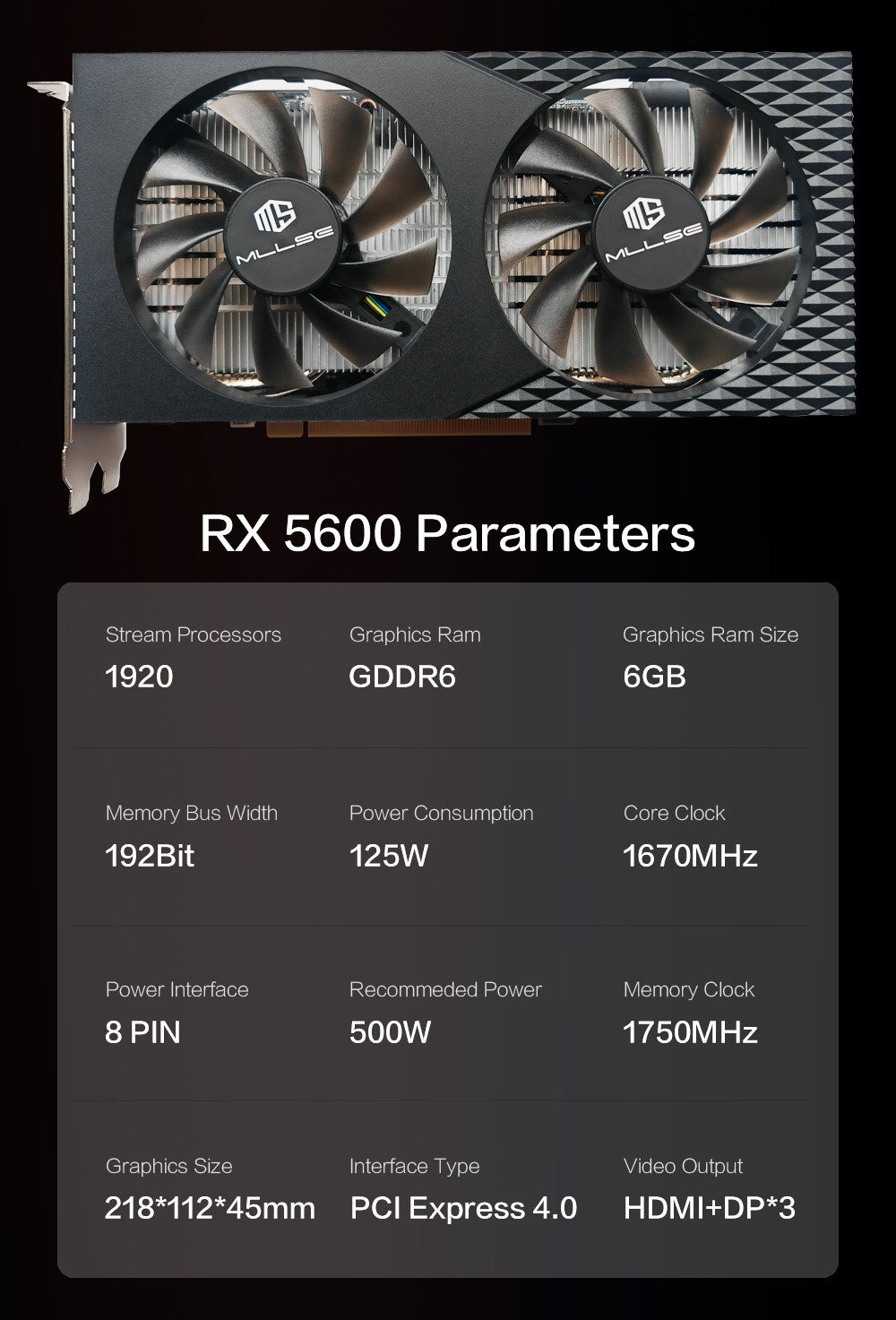 Placa Gráfica MLLSE Radeon RX5600 6GB GDDR6 6GB GPU de Computador para Jogos AMD RX5600 6GB Placa Gráfica para Desktop de Jogos