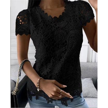 Women Lace Blouse Tops Summer V Neck Short Sleeve Lace Patchwork OL Blouse Shirts LRFZ-9911
