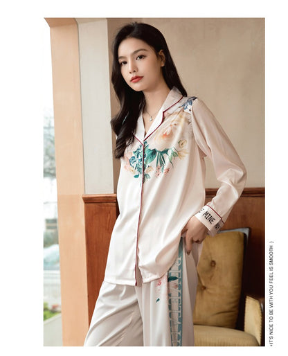 Lightweight Long-Sleeve Silk Pajamas Set for Young Girls French-Style Casual Homewear Nightwear Women's Comfortable Sleepwear