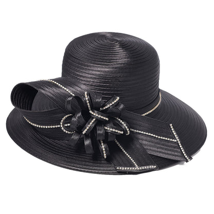 Chapéu Fedora Feminino Elegante Preto Vestido Formal Senhora Igreja Coquetel Chá Festa Chapéus Derby para Mulheres Laço Flor Aba Larga Chapéus Cloche
