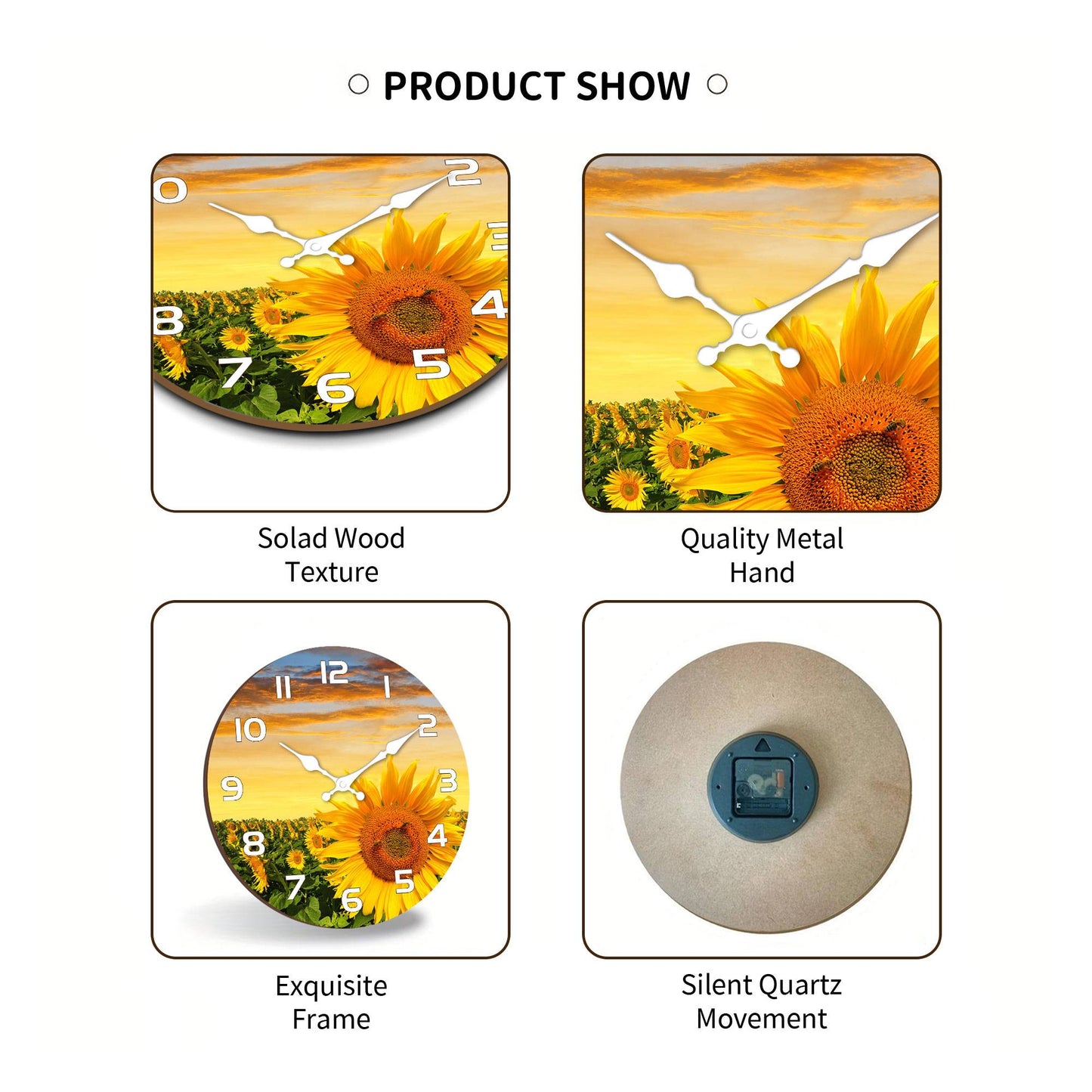 1pc wooden wall clock, Sunflower Garden design wall clock at sunset, round silent clock, for living room bedroom, room decoratio