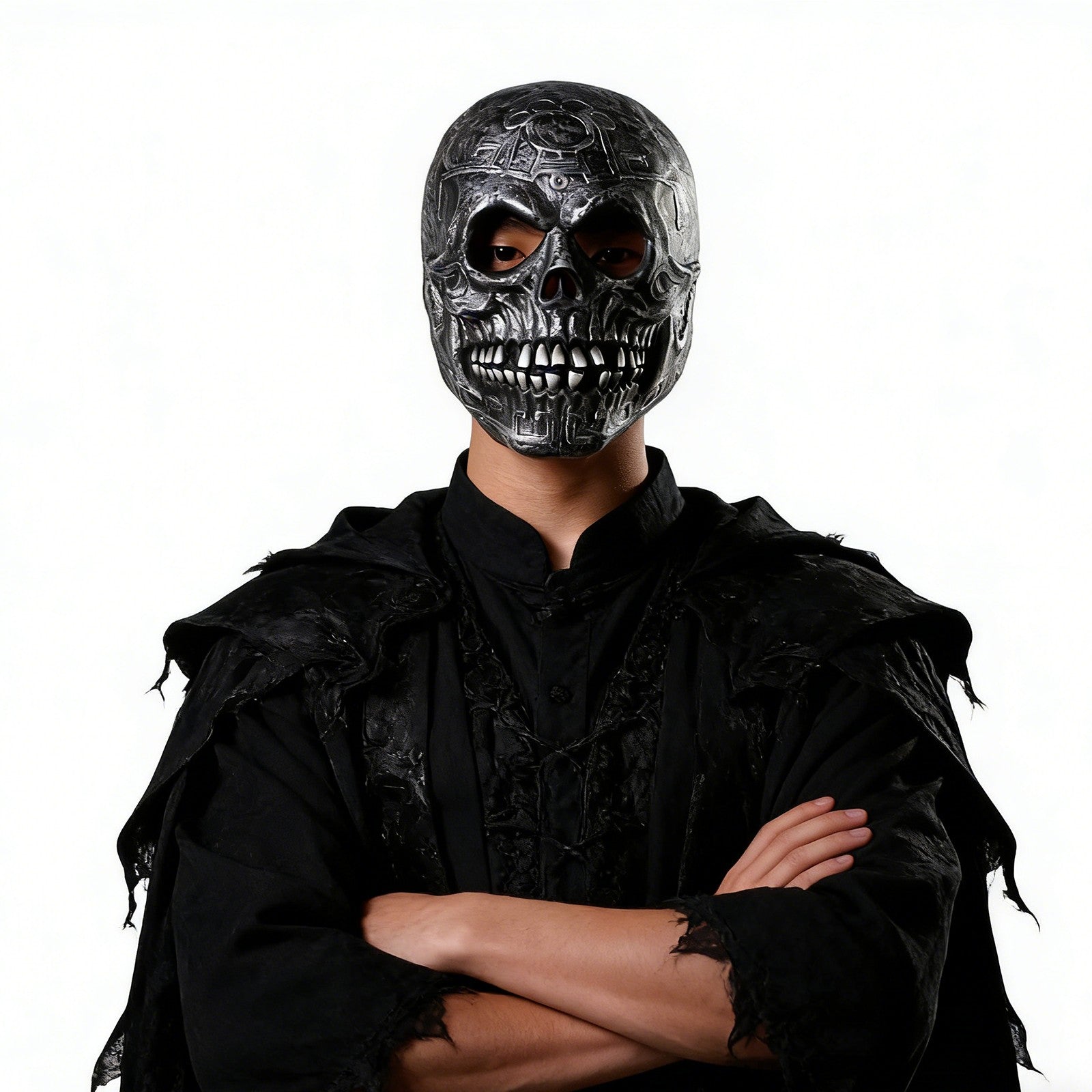 1Pc Handmade Latex Skull Mask Antique Silver Aztec Carvings Full Face Halloween Cosplay Prop