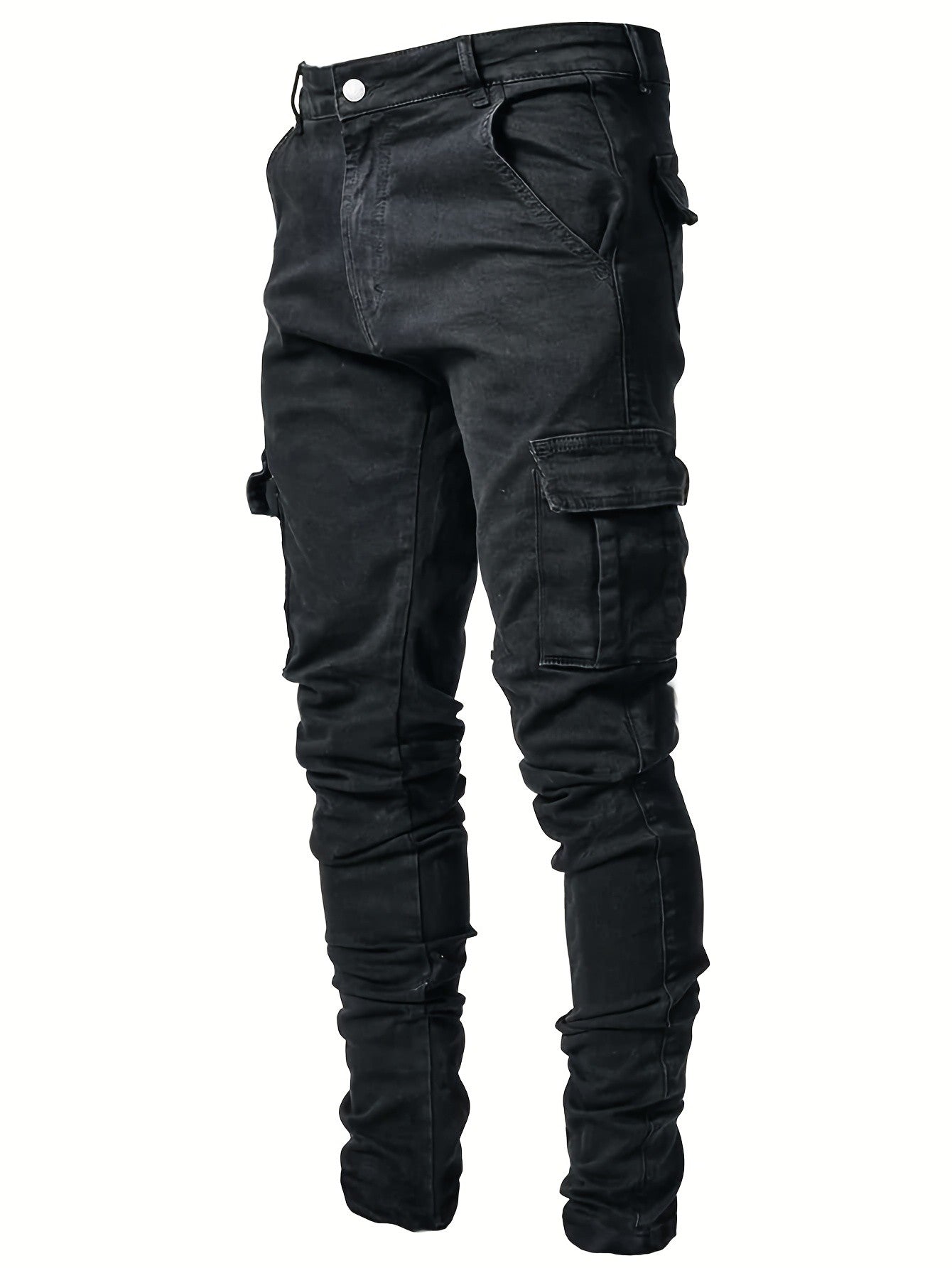 Calça jeans masculina com múltiplos bolsos, estilo casual e perna reta