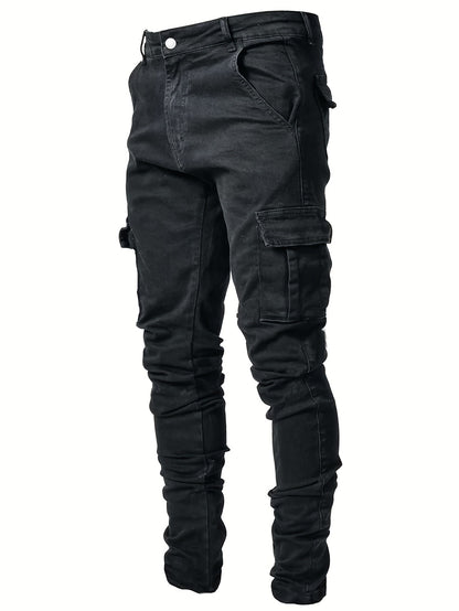 Calça jeans masculina com múltiplos bolsos, estilo casual e perna reta