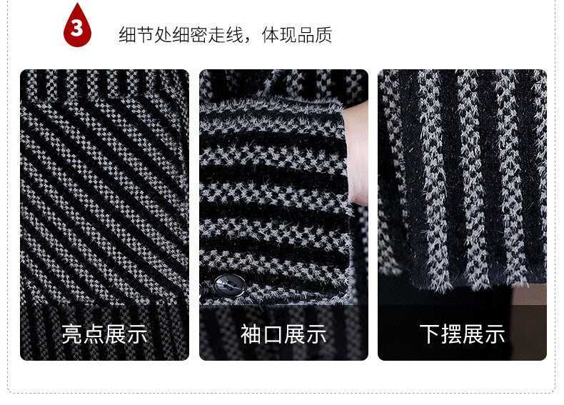 Classic Autumn Winter Men's Mid-Length Woolen Coats Casual Striped Overcoat Outwear Windbreaker Business Warm Long Jackets