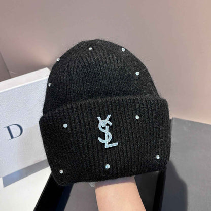 Rhinestone Decor Rabbit Fur Knitted Hat Warm Ear Flap Beanie for Women Luxury Soft Slouchy Cap Face Slimming Design