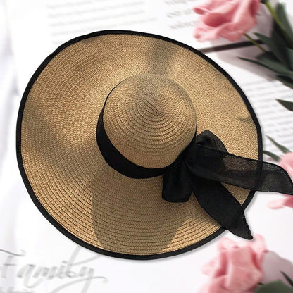 Beach Straw Hat For Women Summer Seaside Vacation Oversized Brim Wweet Bow Lace Edge Sun Protection Hat Foldable