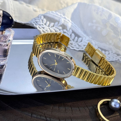 New Golden Retro Fashion Elliptical Quartz Watch Ladies Steel Strap Gold Watch Stylish Niche Timepiece