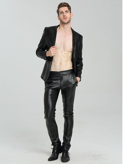 Men's Slim Fit Leather Pants Motorcycle Trendy Sle Long Trousers Thiened PU Fabric Summer Season Faionable Biker Pants