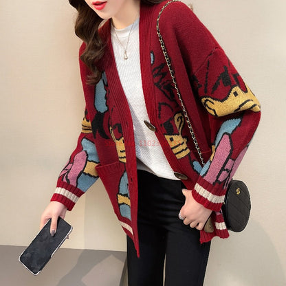 Suéter Disney Pato Donald Anime Desenho Animado Casaco Feminino Outono/inverno Cardigã Solto Suéter de Malha Blusa Presente para Menina