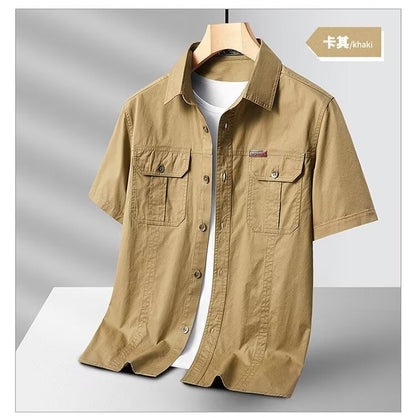 New Summer Men's Short Shirt Korean Casual Oversized Navy Blue Cargo Shirt Classic Retro Men Clothing Outdoor Sports Durable Top