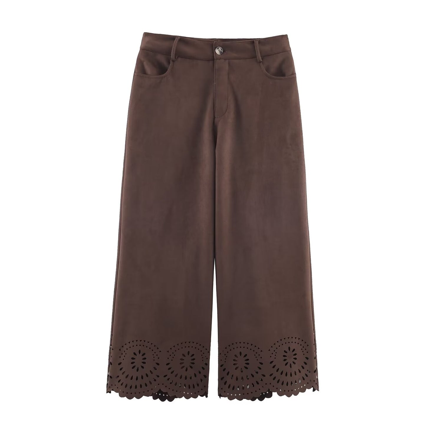 Die-Cut Hem Faux Suede Wide Leg Pants For Women Vintage Brown High Waist With Pockets Casual Loose Trousers