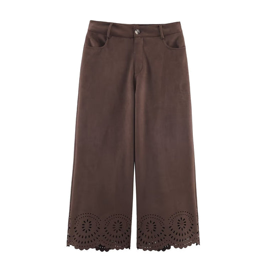 Die-Cut Hem Faux Suede Wide Leg Pants For Women Vintage Brown High Waist With Pockets Casual Loose Trousers