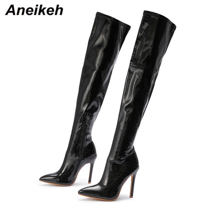 Aneikeh White Sexy Over-the-Knee Side Zipper Slip-On Pointed Toe Shoes NEW Fashion Striped Thin Heels Ladies Boots 2025 Spring