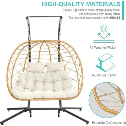 Double Egg Swing Chair with Stand, 2 Person Outdoor Indoor Hammock Hanging Chair with Cushion for Patio Living Room 550 LBS