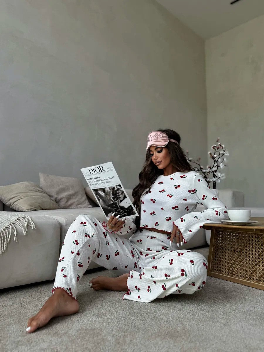 Lace Trim Women Pajama Set Short Sleeve Front Button Top & Full-Length Pants Cherry Print 2 Pieces Sleepwear Nightwear Homewear