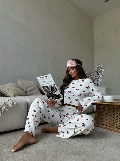 Lace Trim Women Pajama Set Short Sleeve Front Button Top & Full-Length Pants Cherry Print 2 Pieces Sleepwear Nightwear Homewear