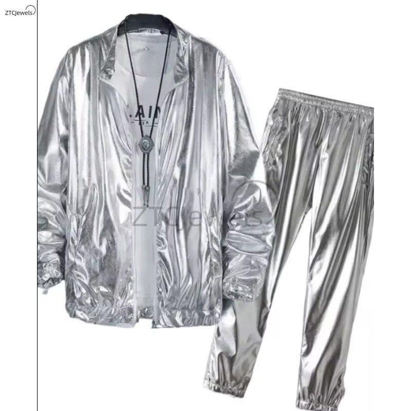 Adults Men's Shiny Metallic Suits Adult Disco Outfit Jacket Pants Halloween Dress Up Nightclub Dance Rave Cosplay Costume
