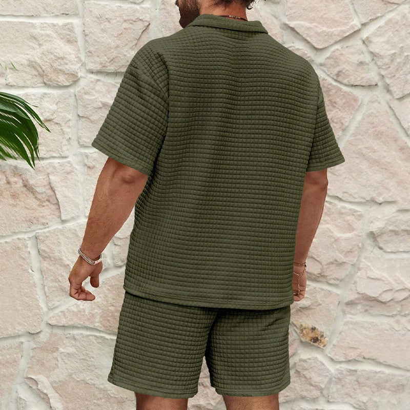 2024European and American Men's Spring and Summer Trends Youth Outdoor Lapel Small Plaid Short Sleeve Shorts Sports Suit