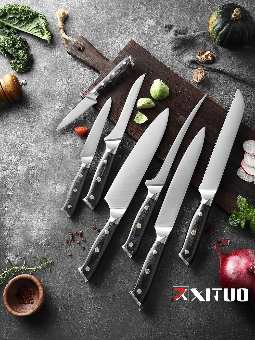 Facas de Cozinha Premium 1-9PEÇAS Conjunto de Facas Japonesas de Aço Inoxidável 5CR15 Incluindo Facas Santoku, Cutelo, Utilitária e de Desossar
