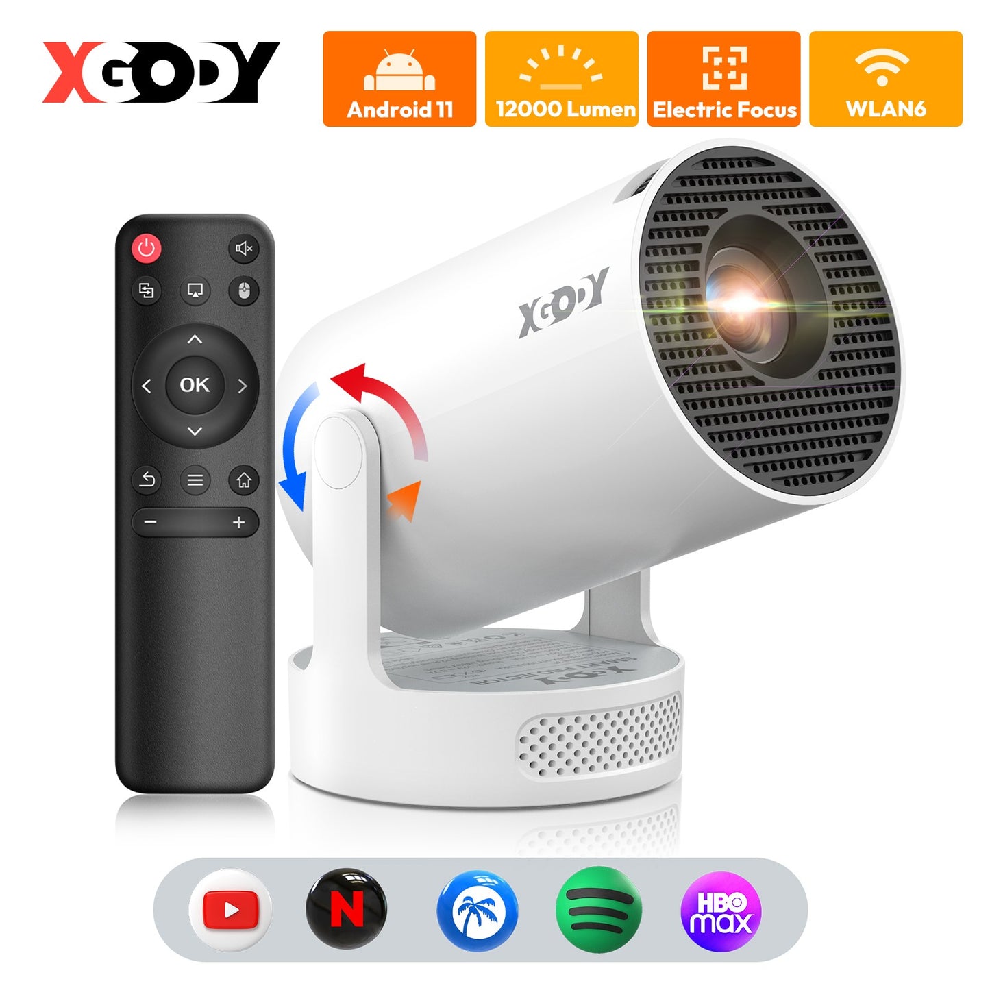Projetor XGODY 4K HY300 Pro+ com alto-falante de 5W integrado 1280*720P Android 11 12000 Lumens Wifi6 BT5.4 Projetor Externo Portátil