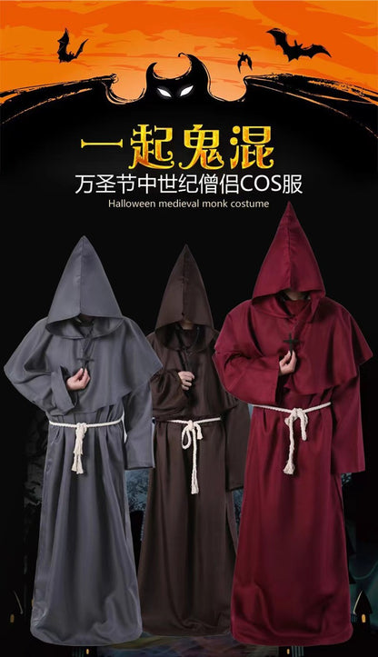 Halloween Wizard Cosplay Medieval Monk Hooded Robe Costume Mask Hat For Men Steampunk Priest Horror Masquerade Unisex Cloak Cape