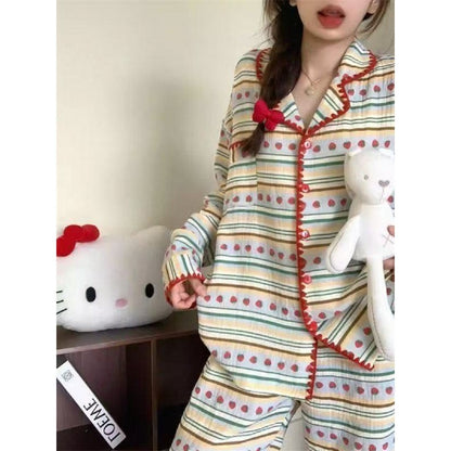 Plus Size Pajamas 2 Pieces Set Y2K Striped Strawberry Print Casual Korean Sweet Soft Women's Pajamas Autumn Winter New Homewear