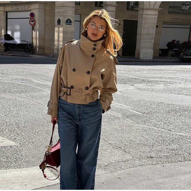 Belted Waist Cropped Trench Double Breasted Stand Collar 2025 Autumn Chic Elegant Women Coat Casual Vintage Office Lady Jacket
