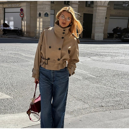 Belted Waist Cropped Trench Double Breasted Stand Collar 2025 Autumn Chic Elegant Women Coat Casual Vintage Office Lady Jacket