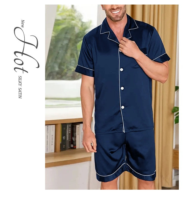 Men Satin Pajama Set Sleepwear for Man Summer Short Sleeve Button-Down Shirt & Shorts Pajamas 2 Piece Home Clothes Short Suit