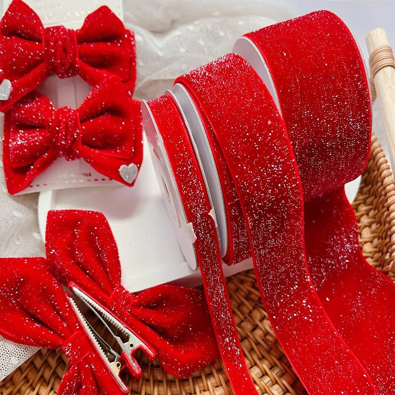6/10/20/38mm Christmas Velvet Bow Gift Ribbon Packaging DIY New Year Red Velvet Gold Glitter Festival Ribbon for DecorationDD14