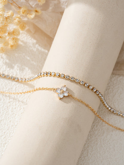 Conjunto de 2 pulseiras femininas de corrente com zircônia cúbica simples em formato de flor, joia para o dia a dia e escritório