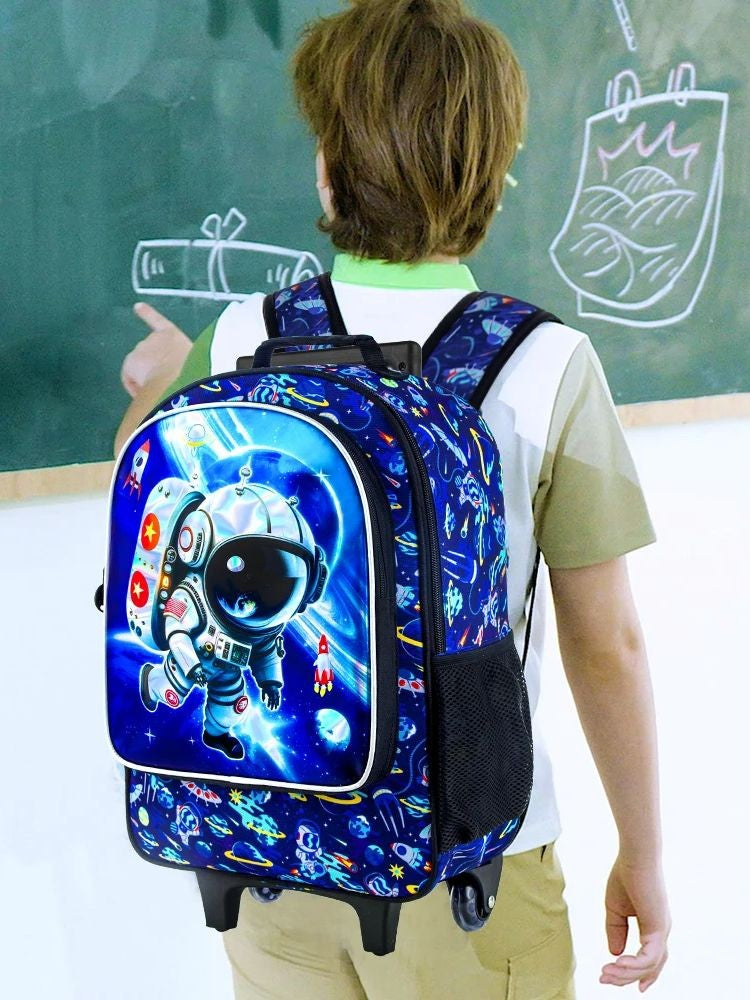 3PCS Rolling Backpack for Girls and Boys, Kids astronaut Wheeled Bookbag