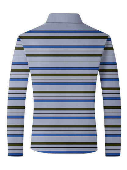 Men's Striped Long Sleeved T-shirt Polo Shirt Button Up Men's Stand Up Collar, Winter Double-sided German Velvet Base Shirt