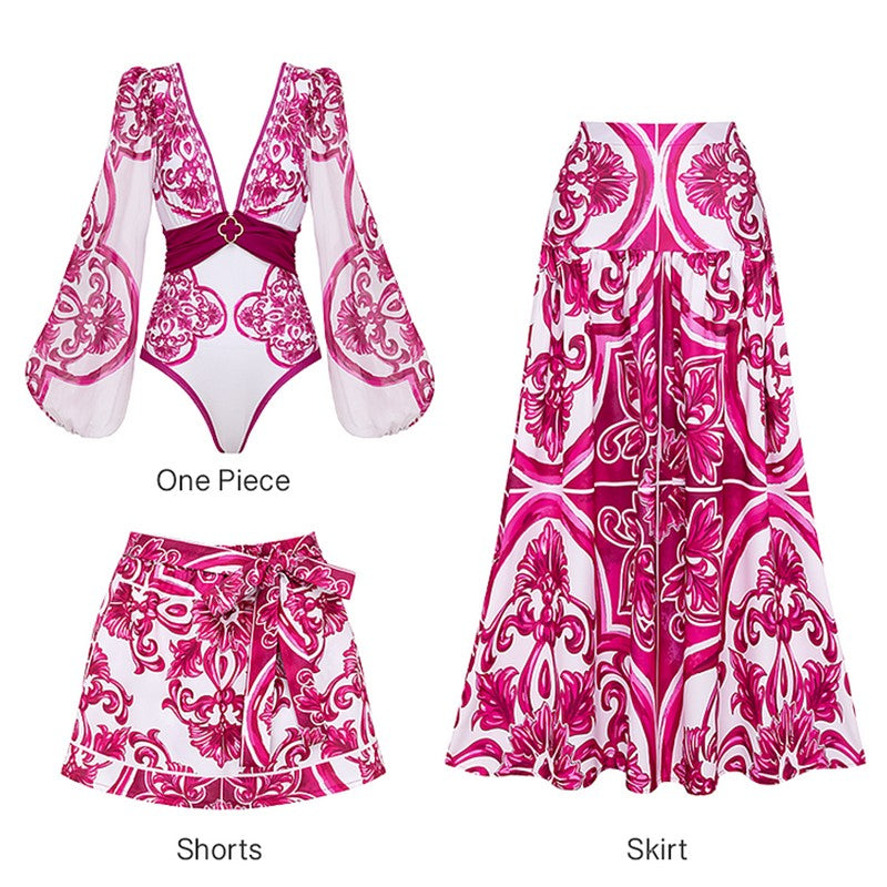 Flaxmaker Classic Women Sexy Bikini Sets Long Sleeves Majolica Series Pattern Print One Piece Swimsuit Skirt Biquini Beachwear