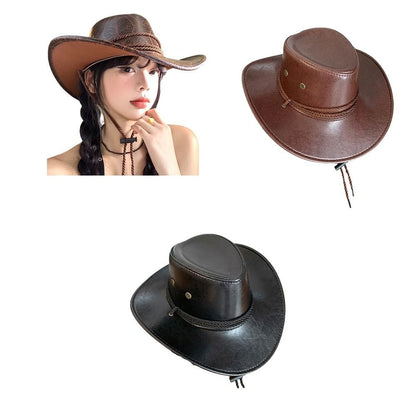 Cool Ethnic Style Western Cowboy Hat Roll Brim Wide Brim Cowgirl Jazz Hat Solid Color Polyester Visor Cap Cycling