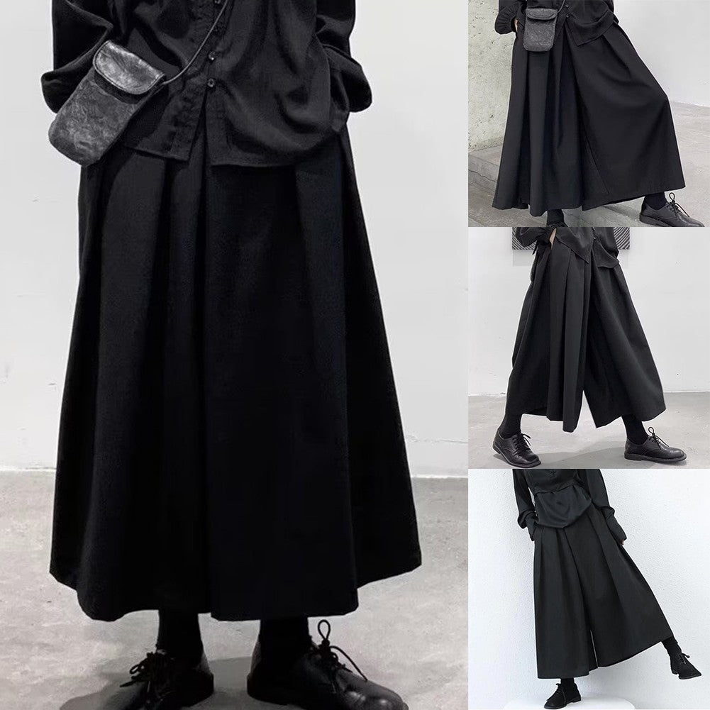 Mens Gothic Dark Style Loose Cropped Hakama Wide Leg Design Sense High Waist Samurai Pants Fashion Straight Male Skirt Pants
