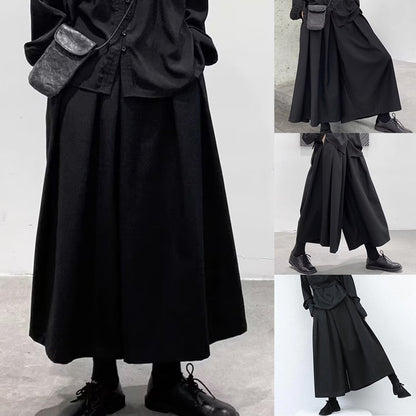 Mens Gothic Dark Style Loose Cropped Hakama Wide Leg Design Sense High Waist Samurai Pants Fashion Straight Male Skirt Pants